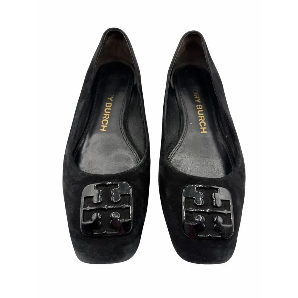 Tory Burch Gigi Ballet Flats Black Suede Square Toe Logo Size 8 Quiet Luxury